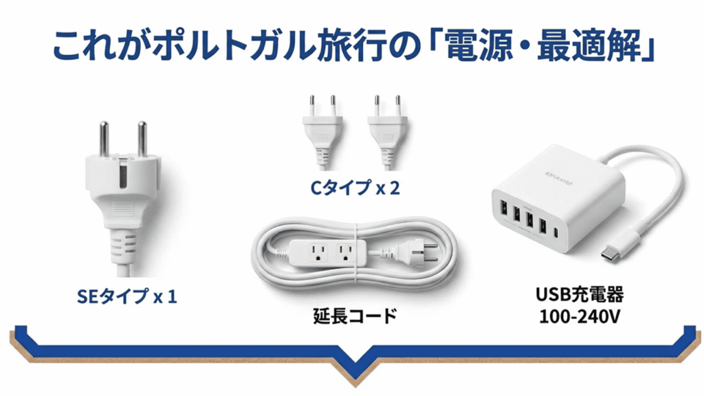 Cタイプ2個、SEタイプ1個、延長コード、USB充電器のイラストを並べた「電源・最適解」のまとめ画像。