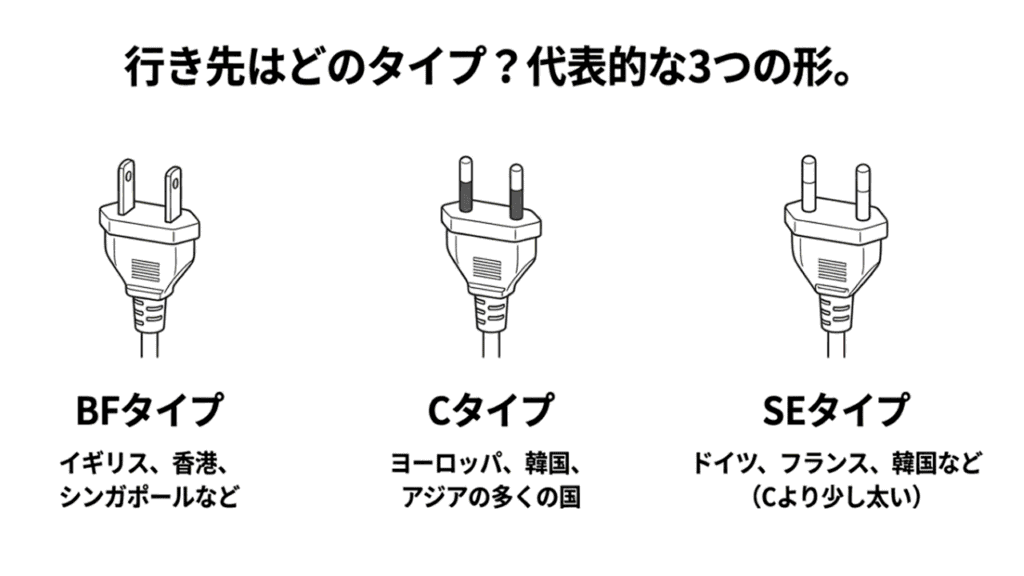 BFタイプ、Cタイプ、SEタイプのプラグ形状のイラストと、主な該当地域のまとめ