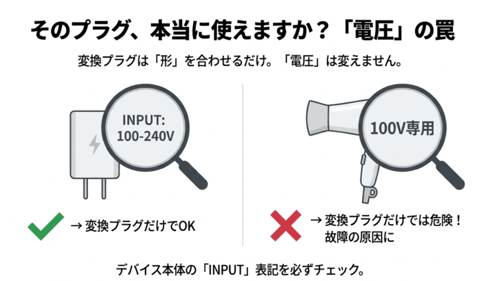 「100-240V」は変換プラグのみでOKだが、「100V専用」に変換プラグだけを使うのは危険であるという図解