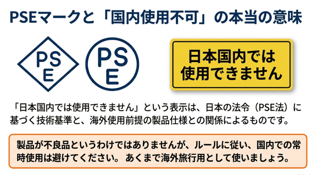 変換プラグに記されたPSEマークと、「日本国内では使用できません」という表示が法令（PSE法）に基づいていることを解説する図 。