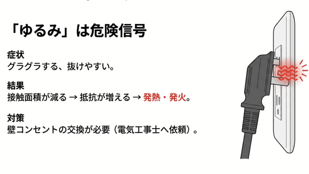 コンセントに差したプラグが重みで傾き、熱を発しているイラスト。接触面積の減少が発熱・発火を招くため、電気工事士への依頼を推奨しています 。