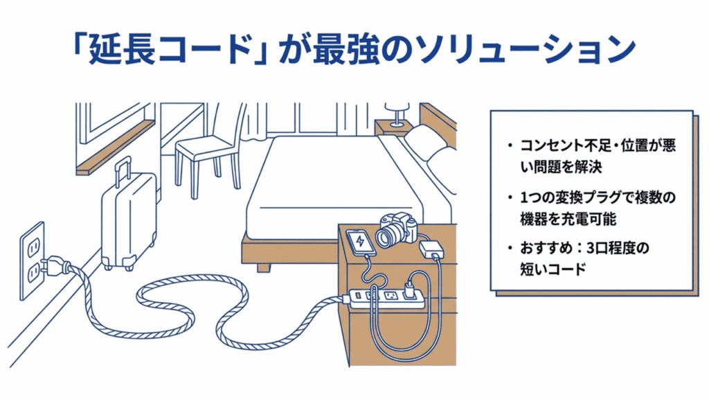 ホテルのベッドサイドで、延長コードを使って複数の機器（スマホ、カメラ）を一度に充電している部屋のイラスト。