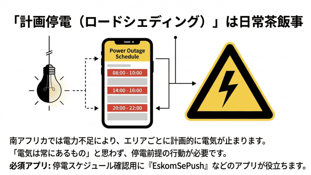 エリアごとに電気が止まる計画停電のイメージと、確認用アプリ「Eskom SePush」の紹介。
