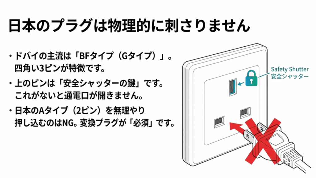 ドバイのBFタイプコンセントにある安全シャッターの仕組みと、日本のAタイププラグが刺さらない様子。