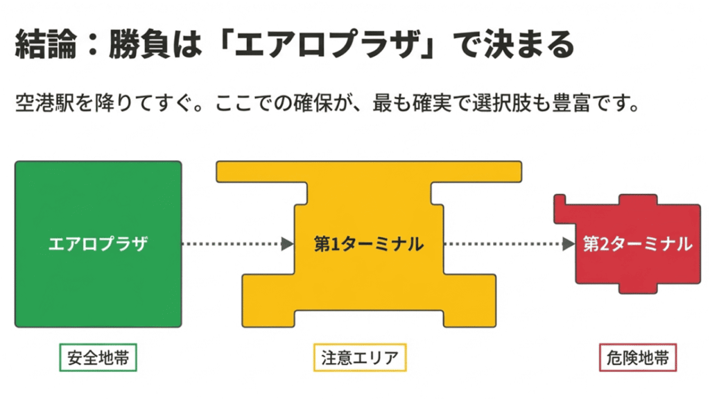 エアロプラザ（安全地帯）、第1ターミナル（注意エリア）、第2ターミナル（危険地帯）を色分けした地図