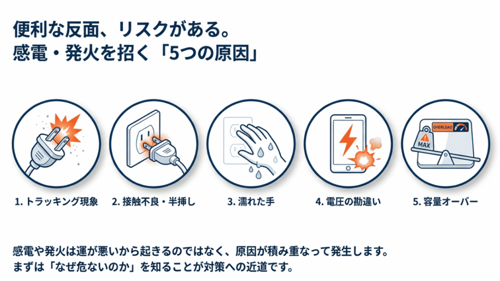 トラッキング現象、接触不良、濡れた手、電圧の勘違い、容量オーバーの5つの事故原因を示すイラスト。