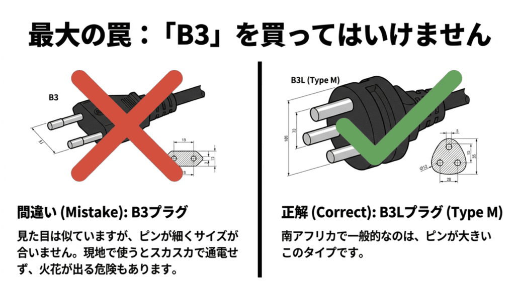 正解のB3Lプラグ（Type M）と間違いのB3プラグのピンの太さ・サイズの違いを比較したイラスト。