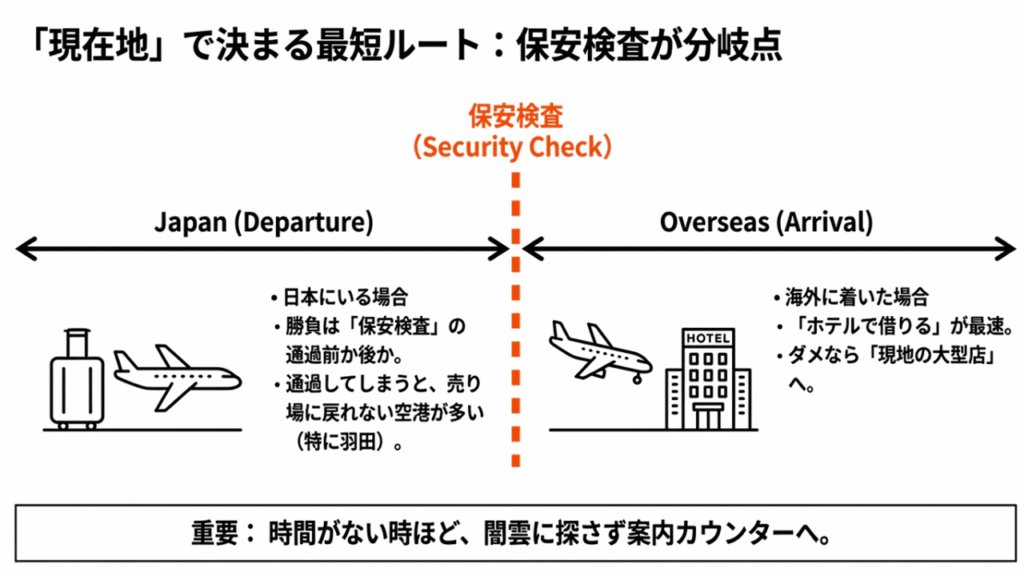 日本出発前（保安検査が分岐点）と海外到着後（ホテル・大型店）の状況に合わせた最短解決ルートを示すフローチャート。