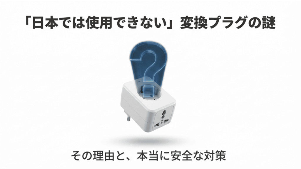 白い変換プラグの上に青い大きな「？」マークが浮かんでいるイメージ画像。タイトルとして「日本では使用できない変換プラグの謎、その理由と本当に安全な対策」という文字が添えられている。