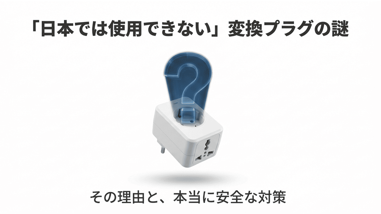 白い変換プラグの上に青い大きな「？」マークが浮かんでいるイメージ画像。タイトルとして「日本では使用できない変換プラグの謎、その理由と本当に安全な対策」という文字が添えられている。