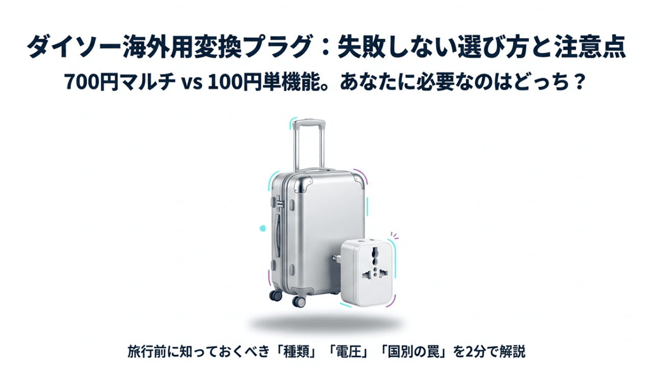 スーツケースとダイソーのマルチ変換プラグが描かれた、選び方と注意点の解説スライド表紙。