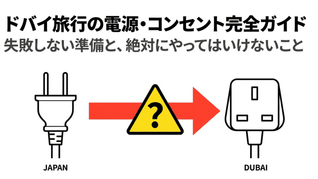 ドバイ旅行の電源・コンセント完全ガイド。日本とドバイのプラグ形状の違いを示すイラスト。