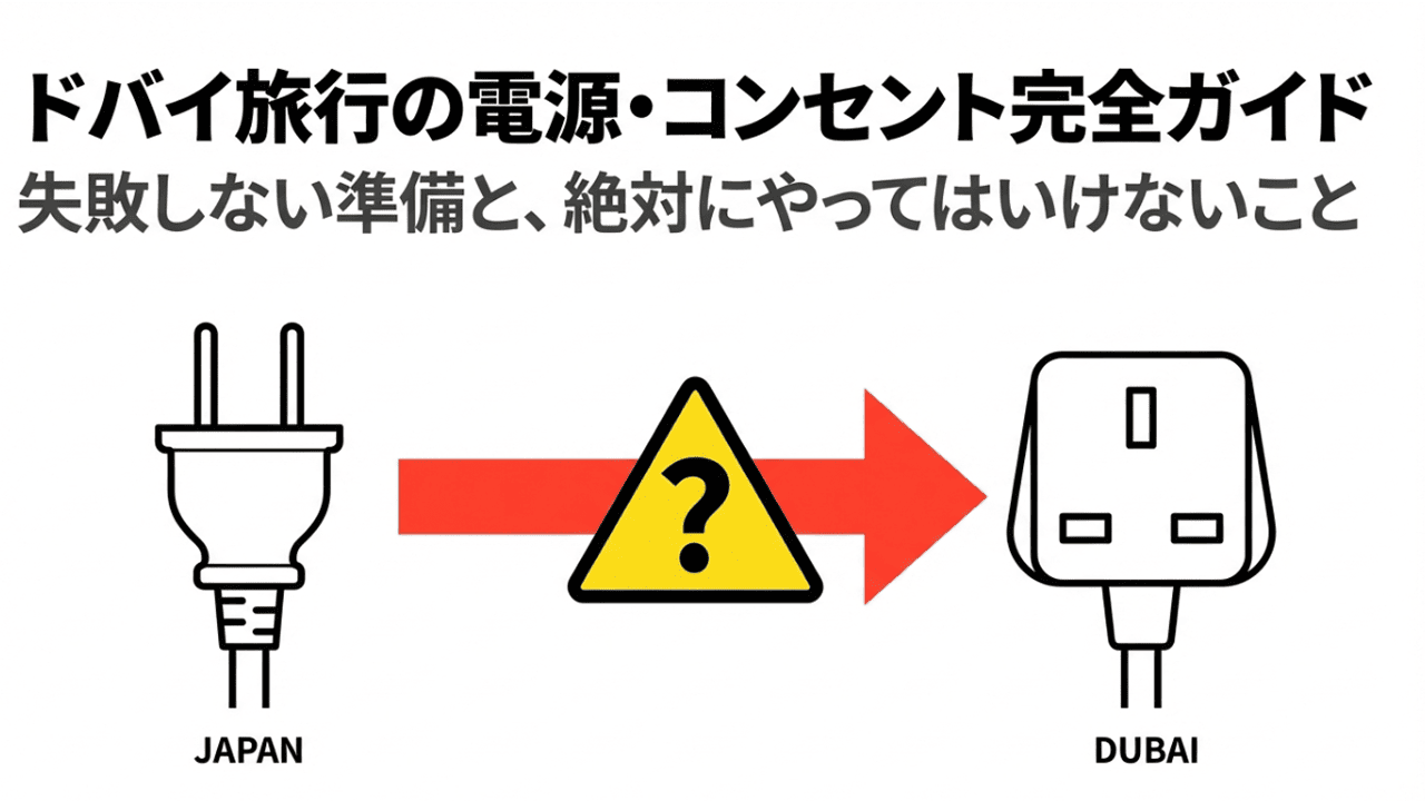 ドバイ旅行の電源・コンセント完全ガイド。日本とドバイのプラグ形状の違いを示すイラスト。