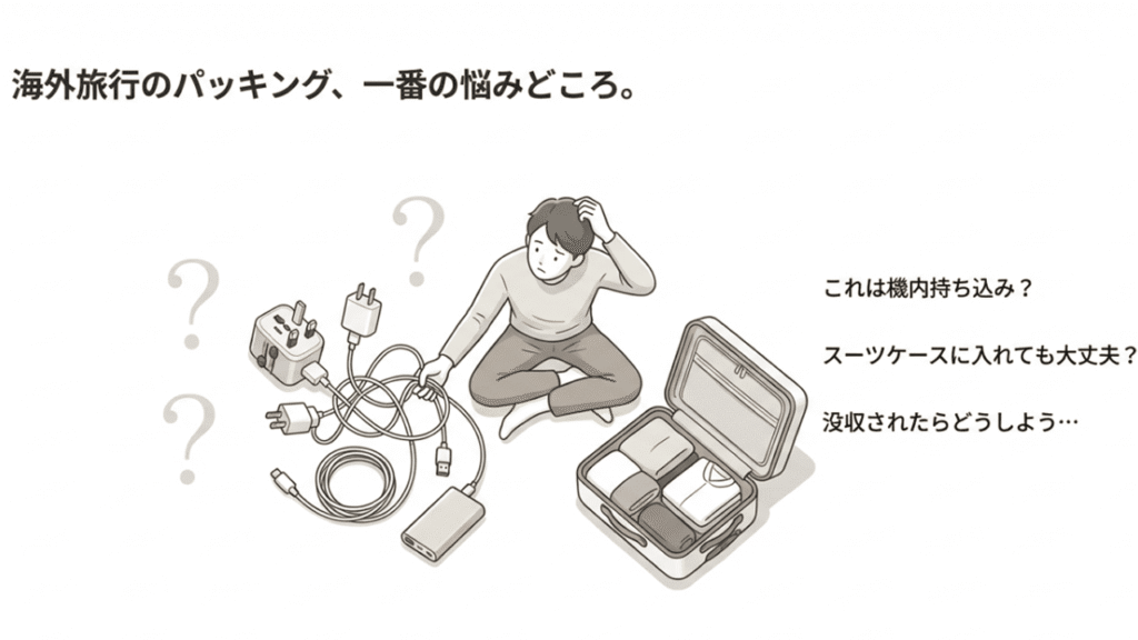 海外旅行の荷造りで、変換プラグや充電器を機内持ち込みにするかスーツケースに入れるか悩んでいるイラスト