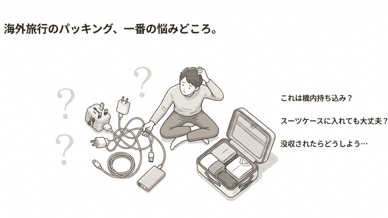 海外旅行の荷造りで、変換プラグや充電器を機内持ち込みにするかスーツケースに入れるか悩んでいるイラスト
