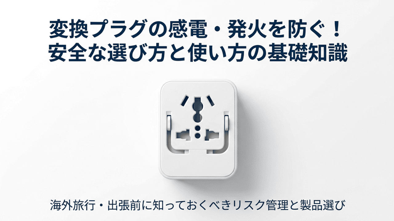 変換プラグの感電・発火を防ぐための安全な選び方と使い方の基礎知識を解説するガイドの表紙。