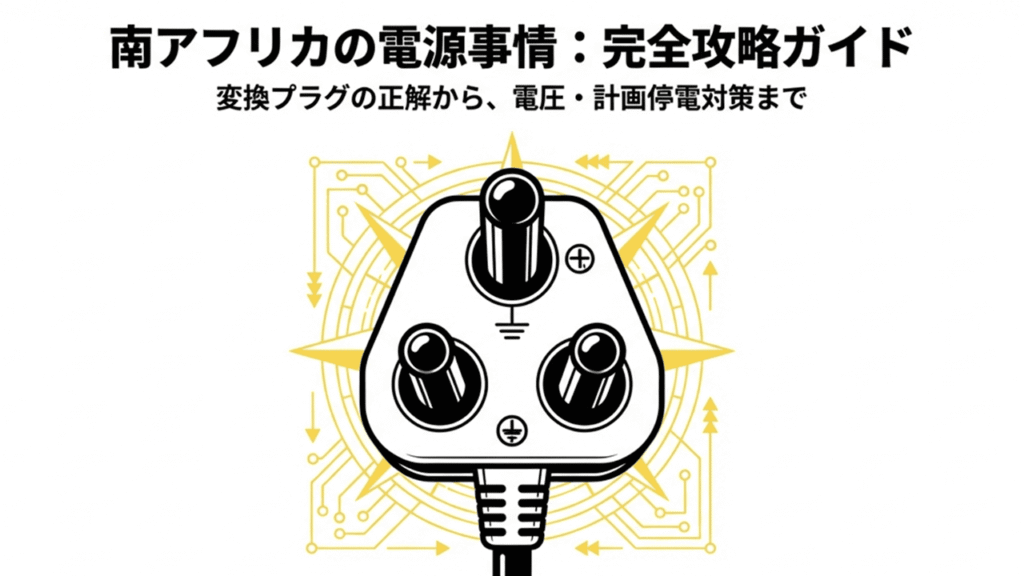 南アフリカの電源プラグ、電圧、計画停電対策をまとめた完全攻略ガイドの表紙スライド。