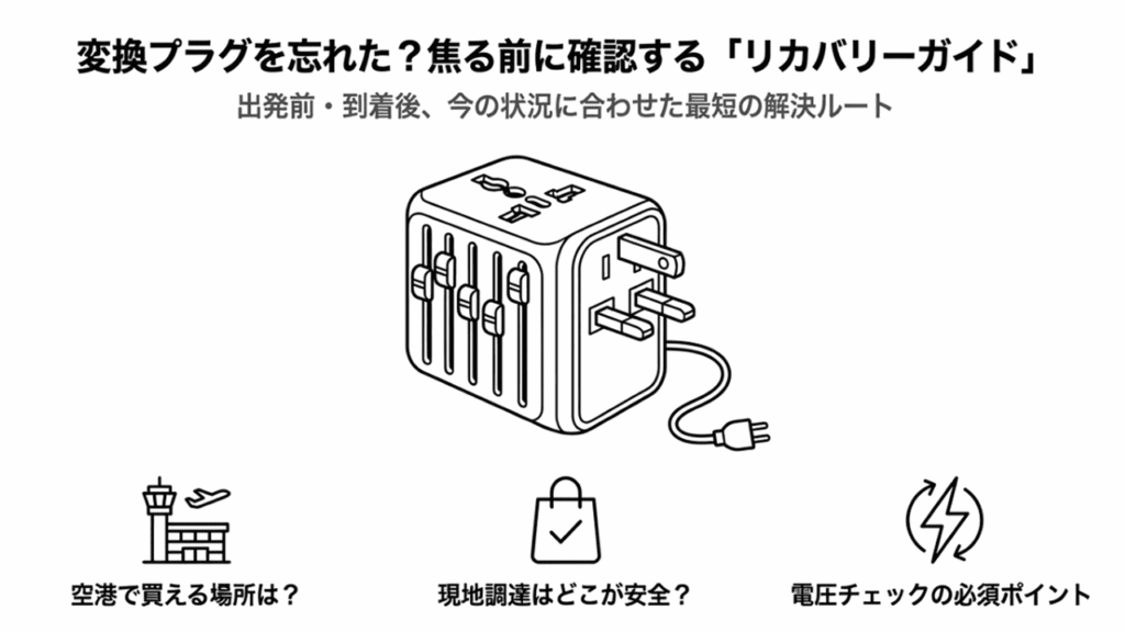 海外旅行で変換プラグを忘れた際の解決ルートをまとめた「リカバリーガイド」の表紙。変換プラグのイラスト。
