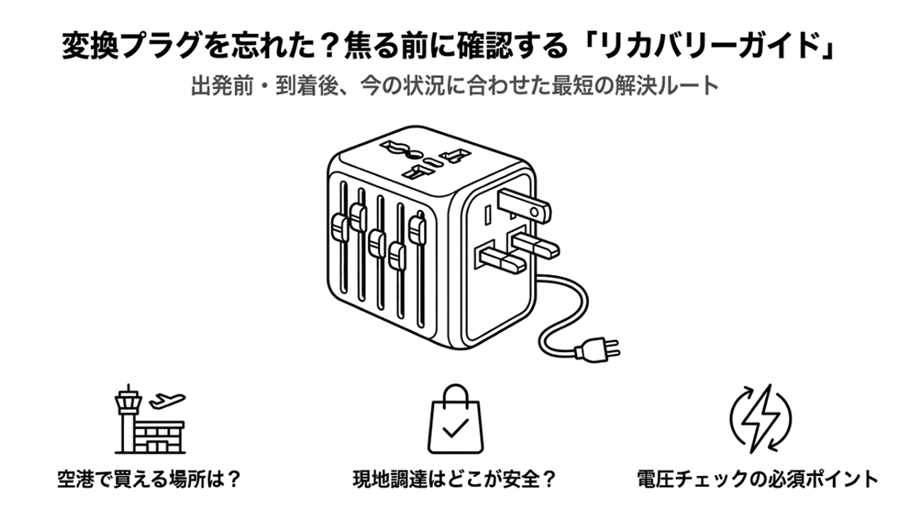 海外旅行で変換プラグを忘れた際の解決ルートをまとめた「リカバリーガイド」の表紙。変換プラグのイラスト。