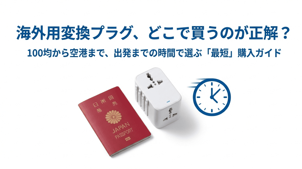 パスポートと変換プラグ、時計のアイコンが並んだ、変換プラグ購入ガイドの表紙画像。